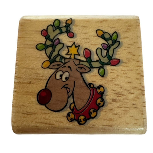 Reindeer Rubber Stamp Christmas Festive Lights Bells Small Holiday Card Making