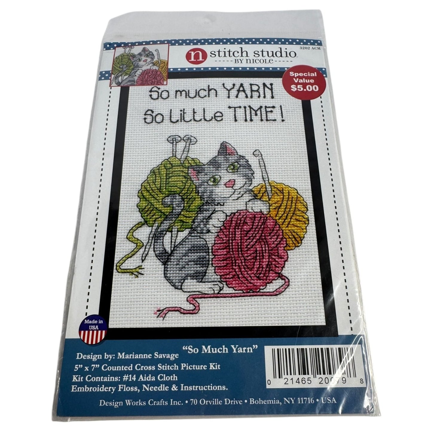 Stitch Studio So Much Yarn Knitting Cat Pet Counted Cross Stitch Kit 5 x 7 inch