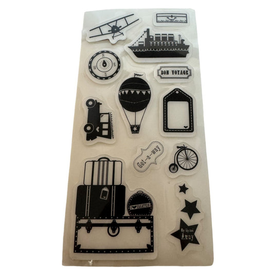 Heidi Grace Travel Cling Stamp Set Airplane Ship Hot Air Balloon Luggage Compass