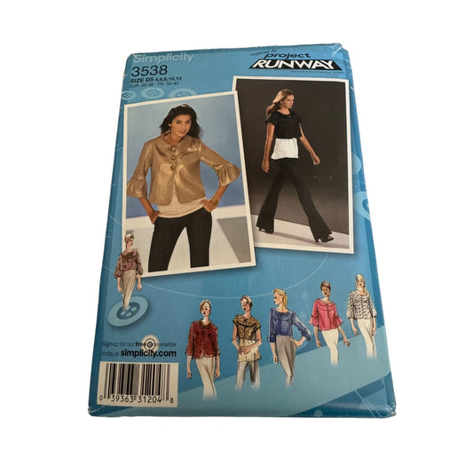 Simplicity 3538 Project Runway Sewing Pattern Misses Jackets Tops Sz 4-12 Uncut