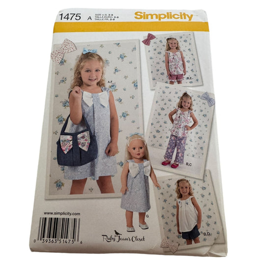 Simplicity Sewing Pattern 1475 Dress Top Pants Matching 18" Doll Clothes 3-8 UC