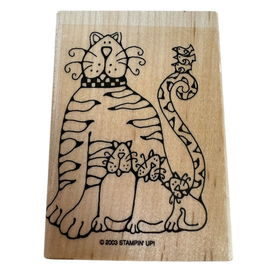 Stampin Up Wood-Mounted Rubber Stamp Tabby Cat With Kittens Birds Animals Pets