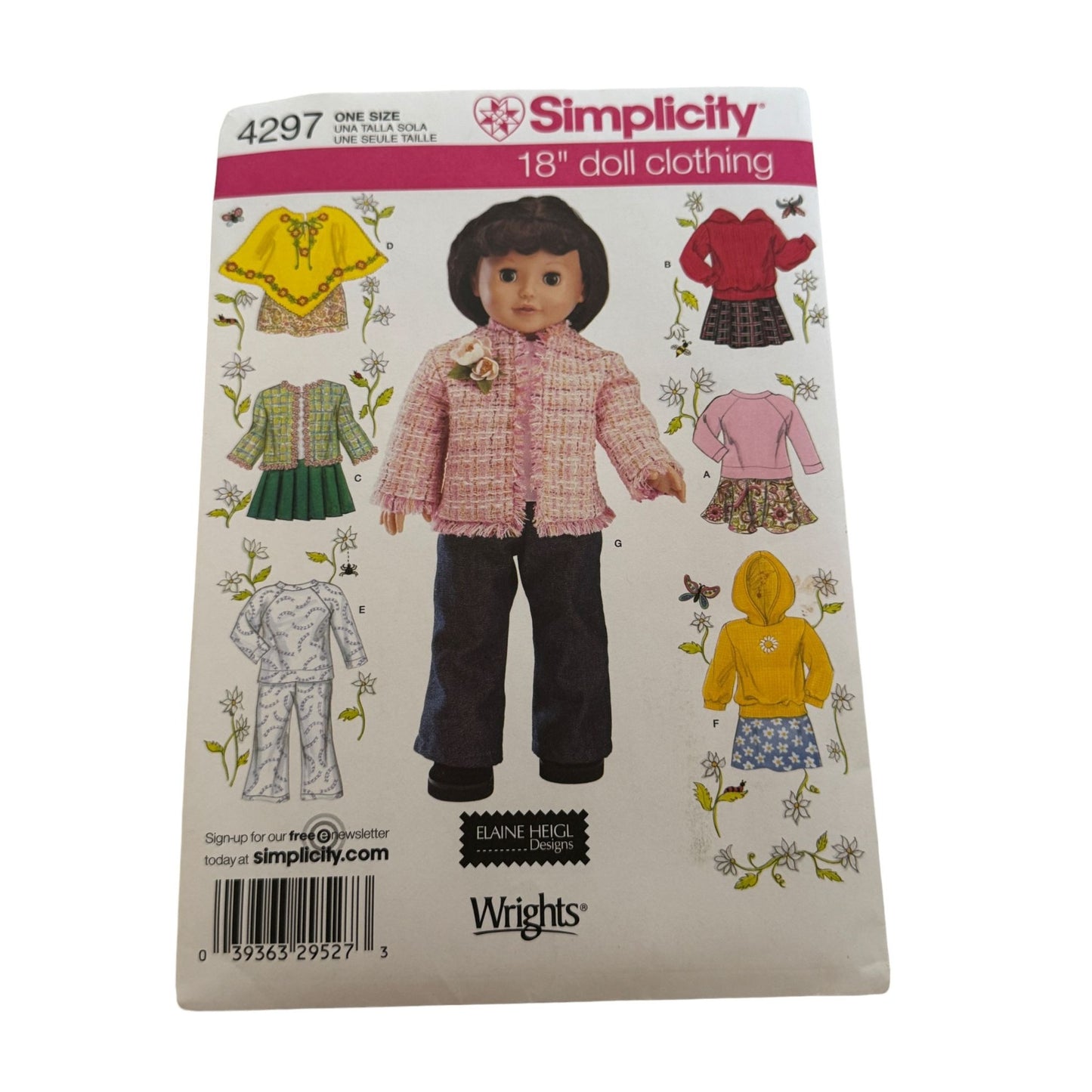 Simplicity Sewing Pattern 4297 Doll Clothing Outfit Top Pants Jacket Skirt 18 in