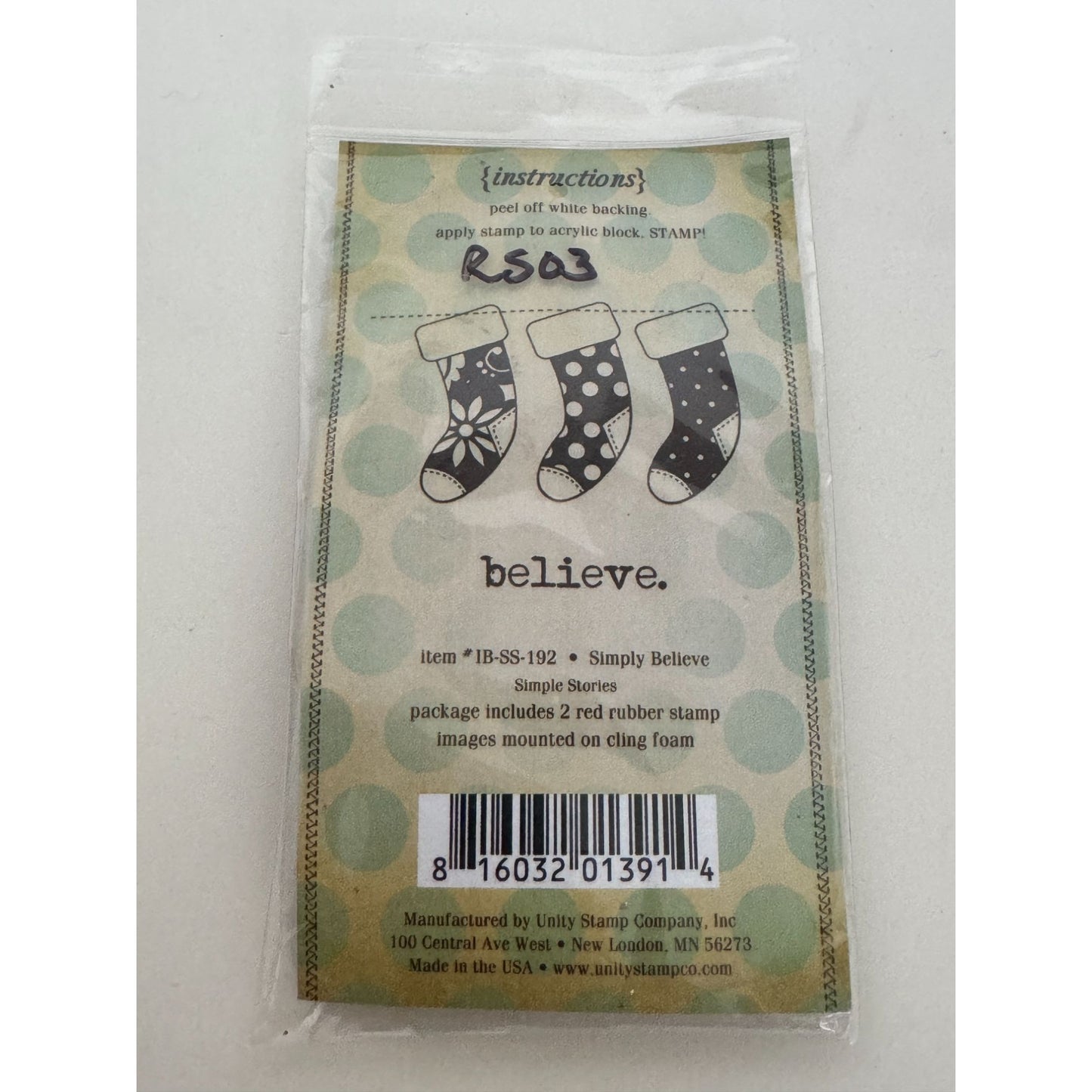 Unity Stamp Itty Bitty Rubber Stamp Set Simply Believe Christmas Stockings Small