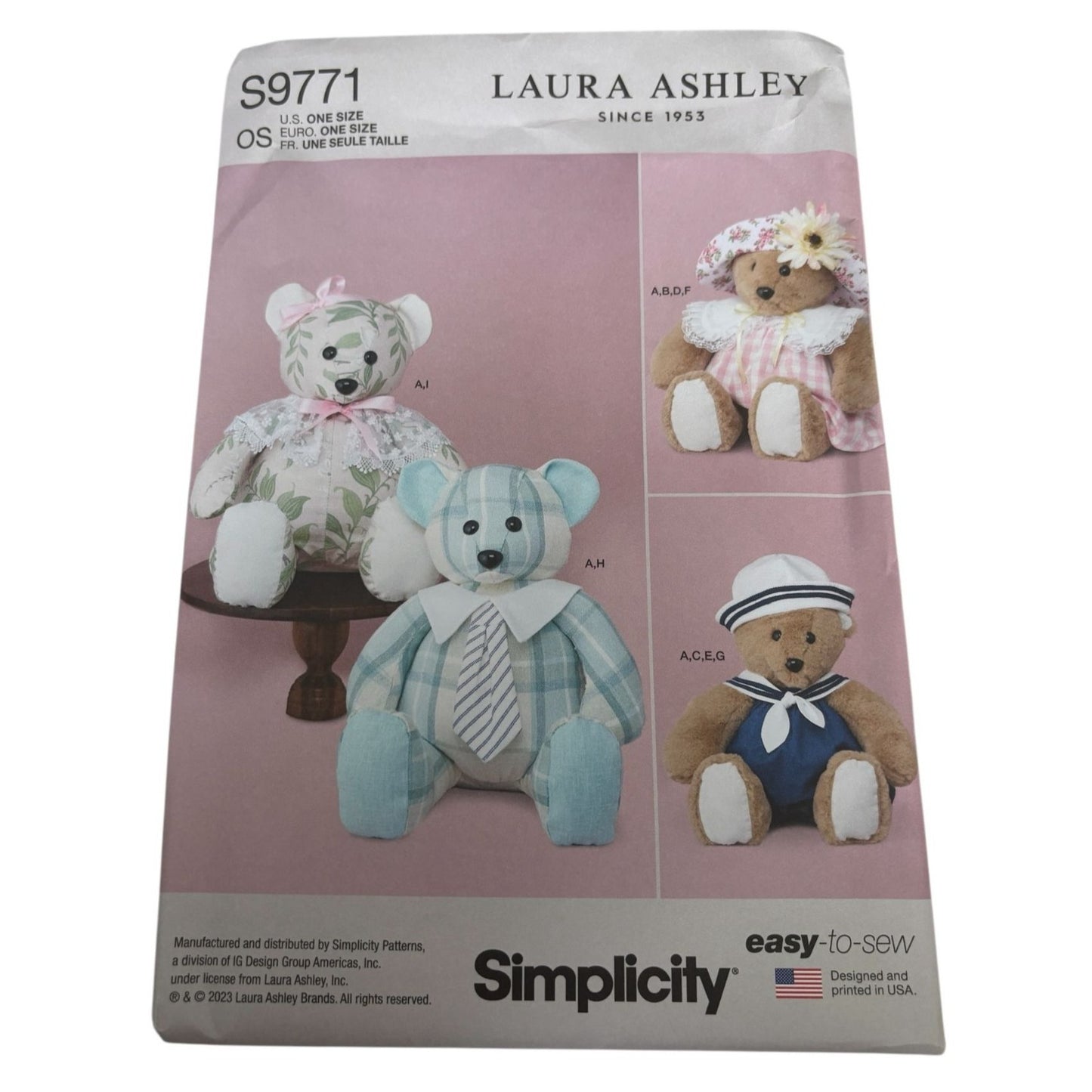 Simplicity Sewing Pattern S9771 Laura Ashley Plush Teddy Bear Clothes Easy Uncut