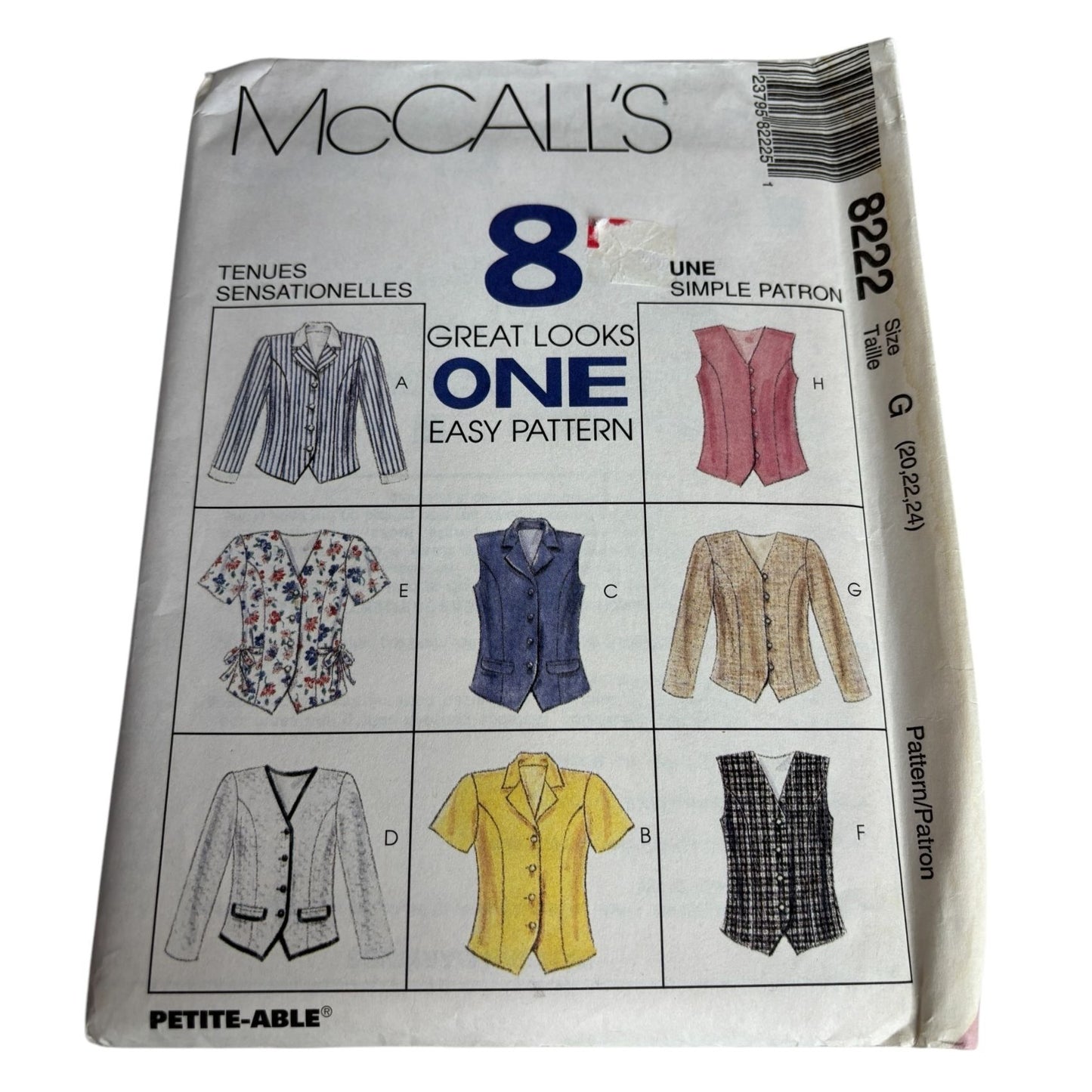 McCalls Sewing Pattern 8222 Misses Shirt Fitted Tops Front Buttons 20 22 24 UC