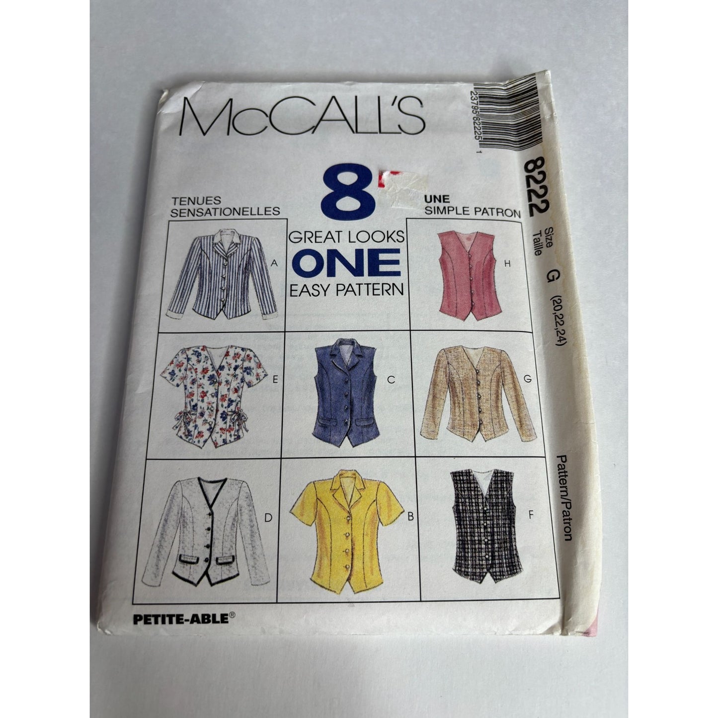 McCalls Sewing Pattern 8222 Misses Shirt Fitted Tops Front Buttons 20 22 24 UC