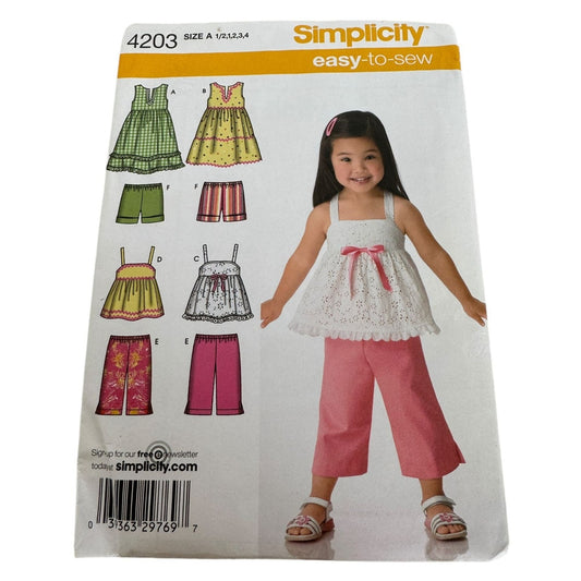 Simplicity Sewing Pattern 4203 Toddler Easy Dress Top Cropped Pants Shorts 1/2-4