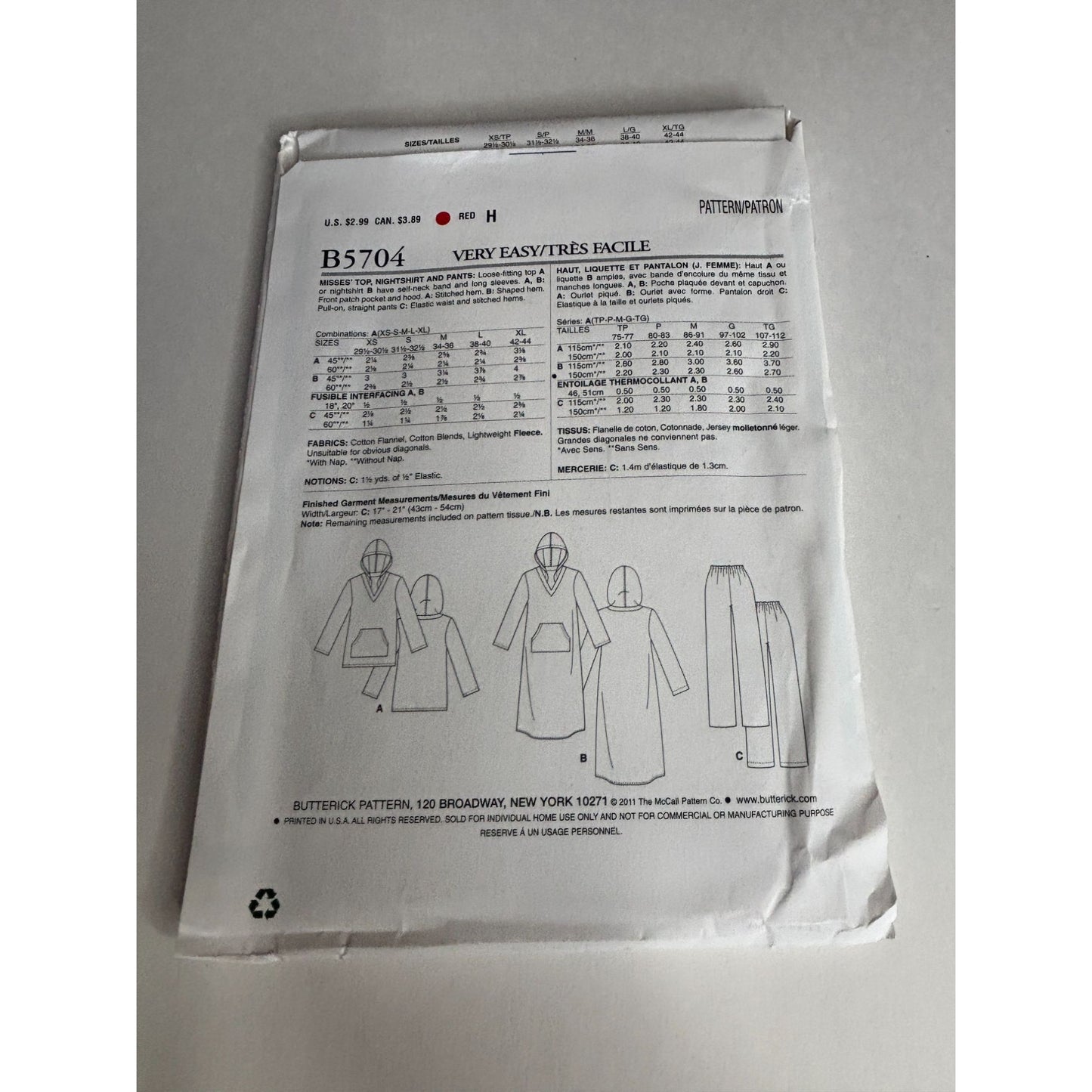 Butterick See and Sew Sewing Pattern B5704 Nightshirt Pajamas Pants Easy XS-XL