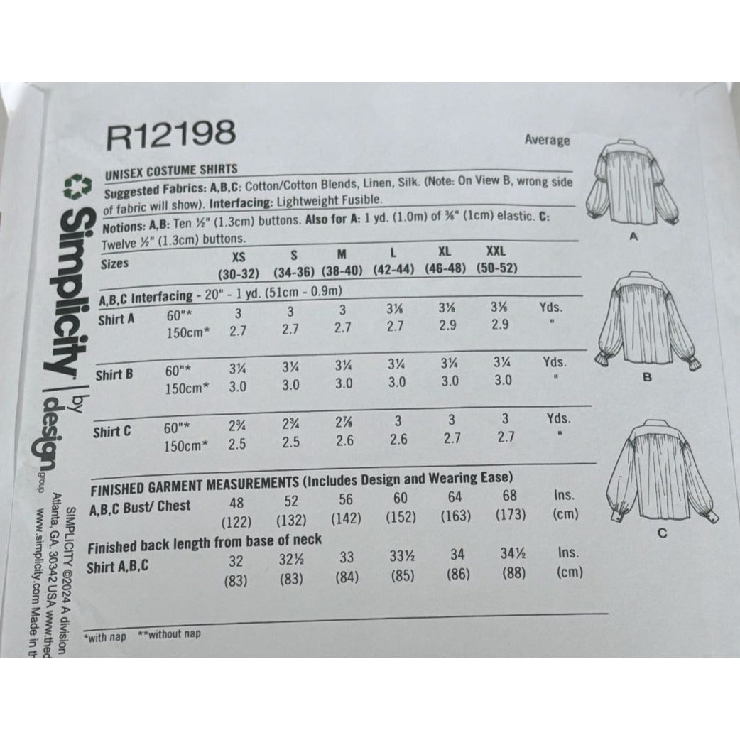 Simplicity Sewing Pattern R12198 Historical Costume Shirts Pirate Halloween UC