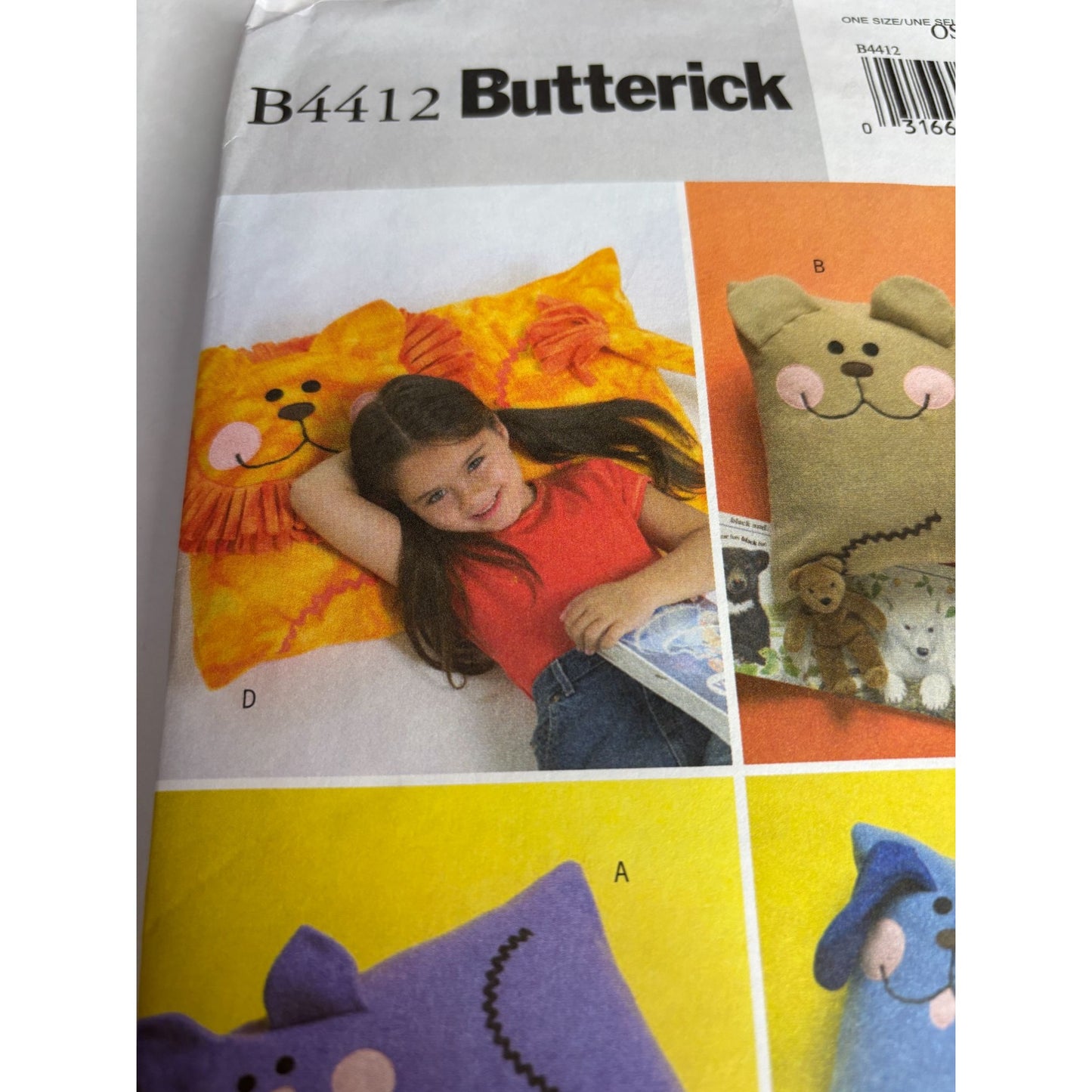 Butterick Sewing Pattern B4412 Fleece Animal Pillow Kids Cat Bear Dog Lion Uncut