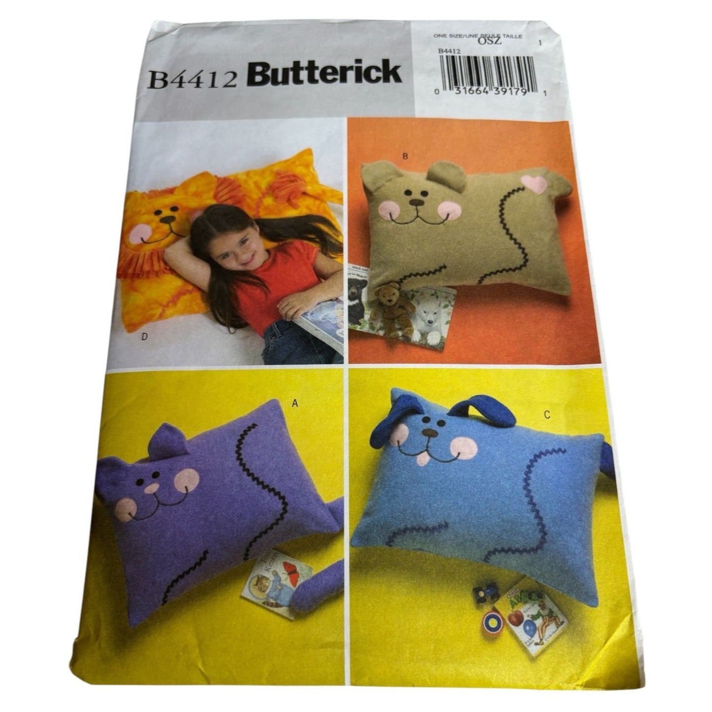 Butterick Sewing Pattern B4412 Fleece Animal Pillow Kids Cat Bear Dog Lion Uncut