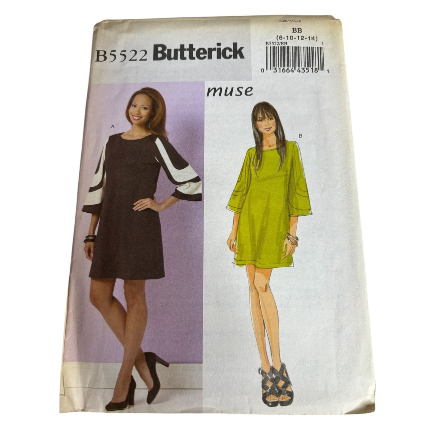 Butterick Sewing Pattern B5522 Dress Size 8 10 12 14 A-Line Pullover Bell Sleeve