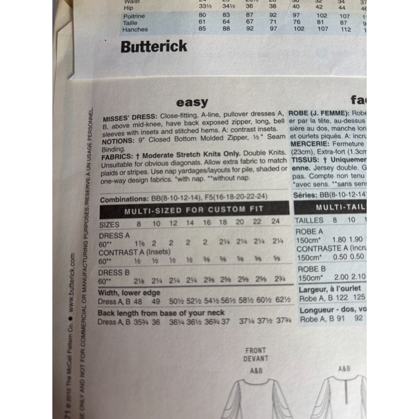 Butterick Sewing Pattern B5522 Dress Size 8 10 12 14 A-Line Pullover Bell Sleeve