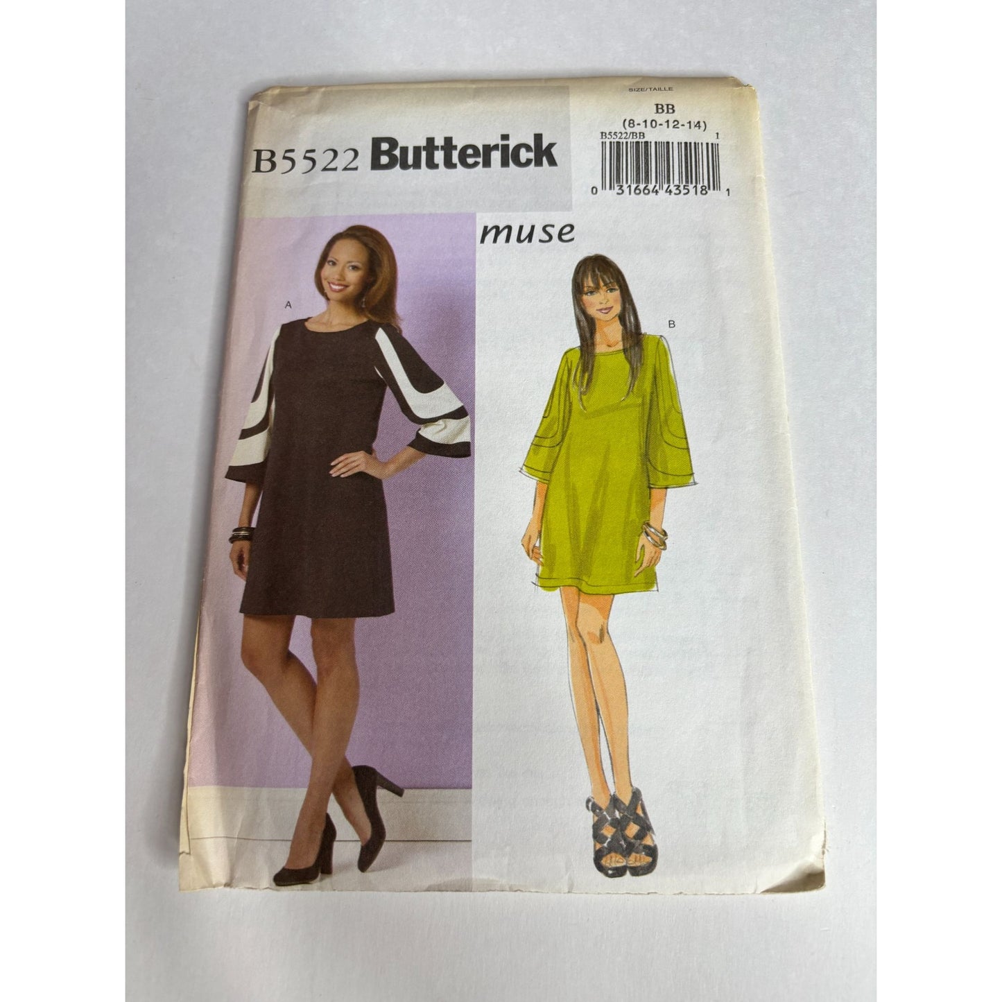 Butterick Sewing Pattern B5522 Dress Size 8 10 12 14 A-Line Pullover Bell Sleeve