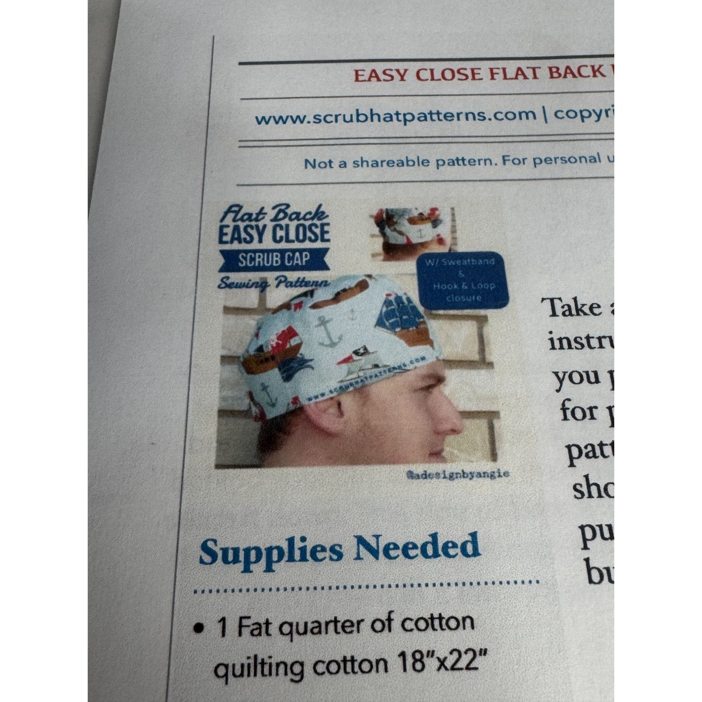 Easy Close Flat Back Unisex Scrub Hat Sewing Pattern Nurse Medical Nursing Uncut