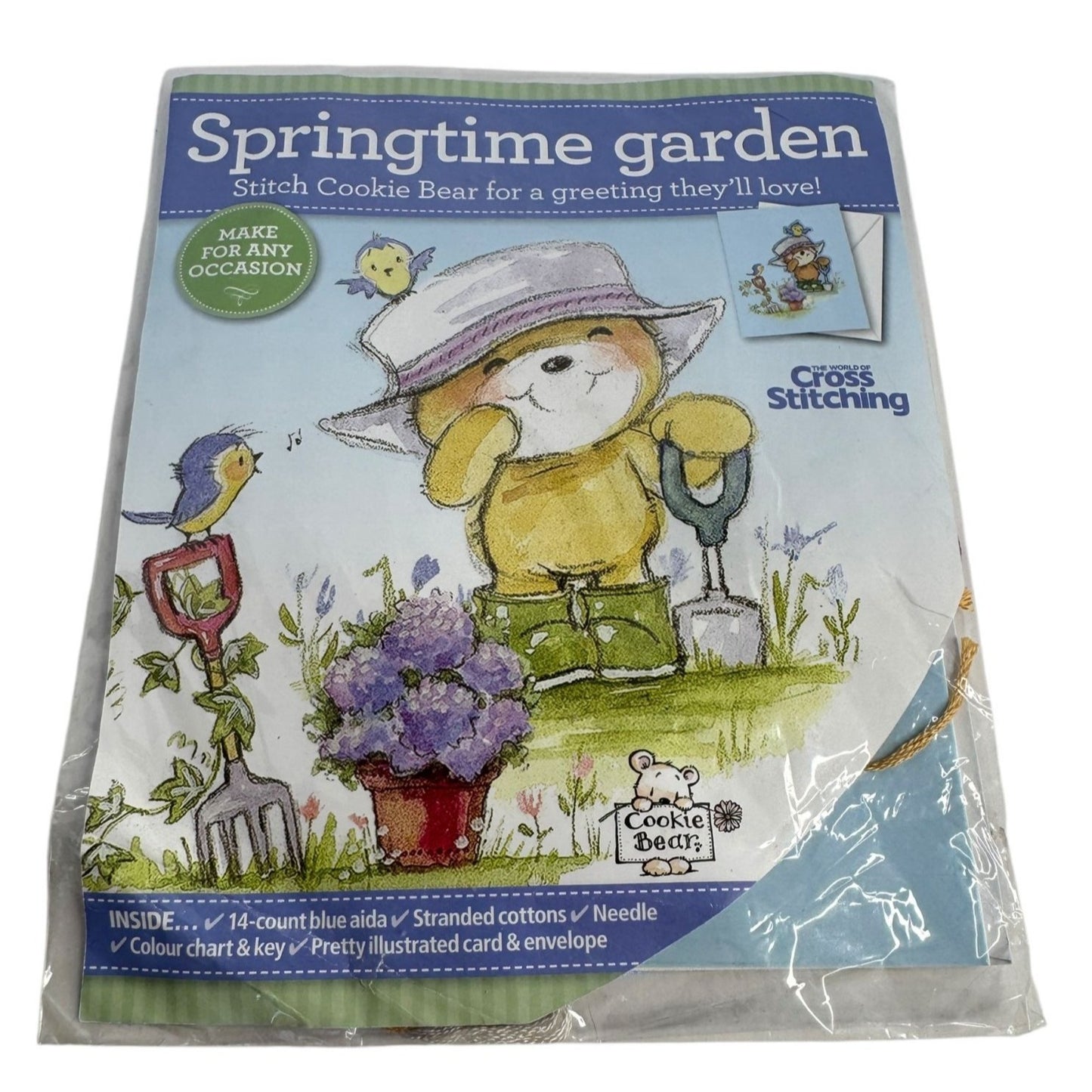 Springtime Garden Cross Stitch Kit Cookie Bear Gardening Theme Gretting Card Kid