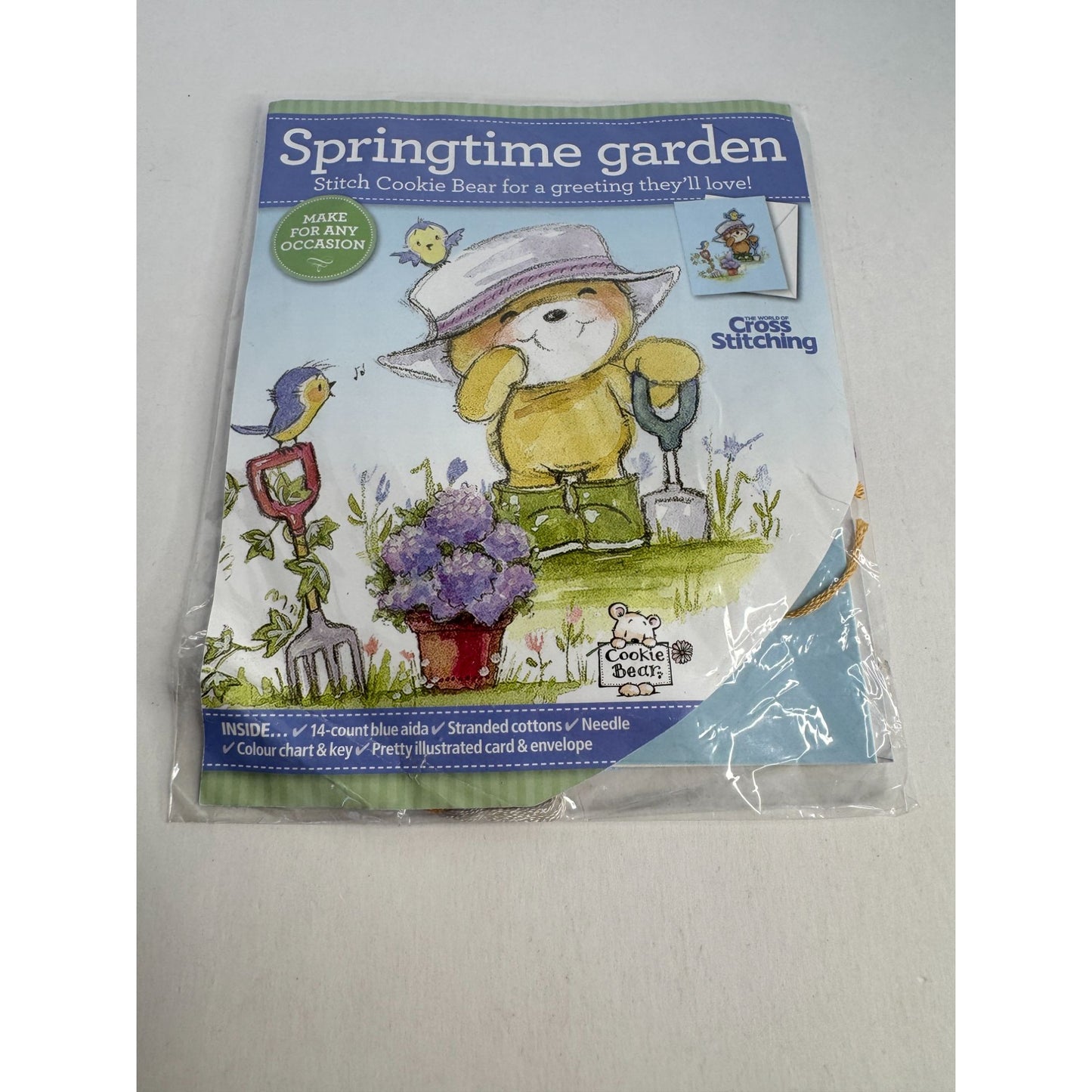 Springtime Garden Cross Stitch Kit Cookie Bear Gardening Theme Gretting Card Kid