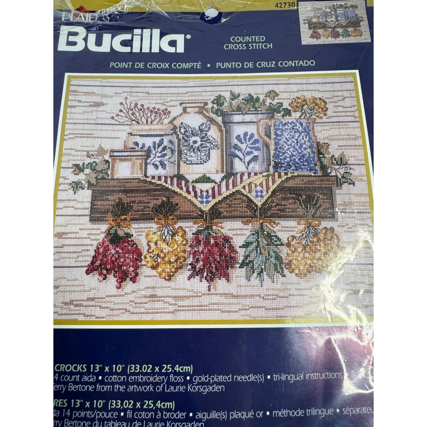 Bucilla Country Crocks Counted Cross Stitch Kit Pattern 13" X 10" Stoneware