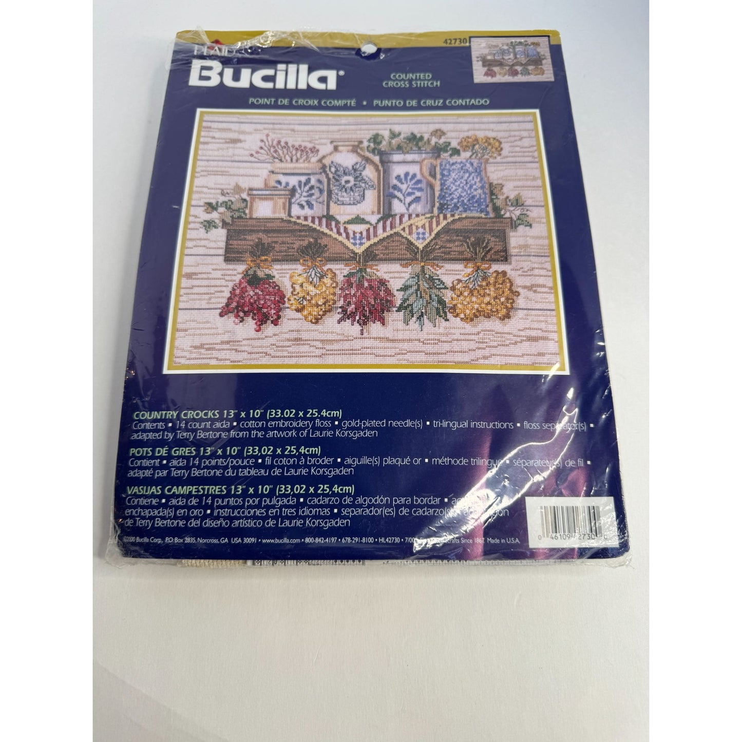 Bucilla Country Crocks Counted Cross Stitch Kit Pattern 13" X 10" Stoneware