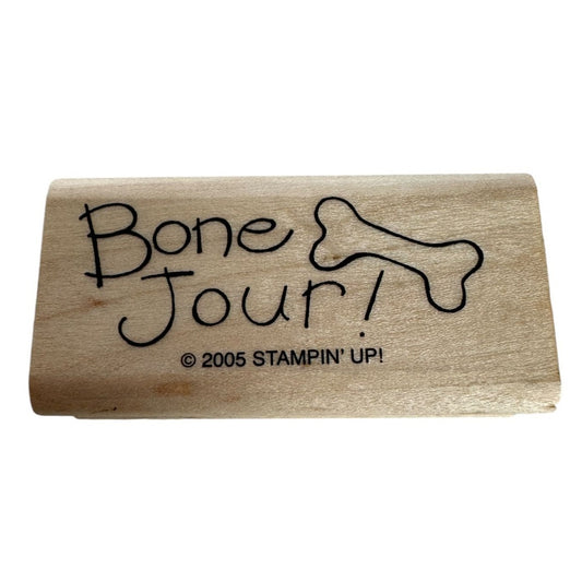 Stampin Up Rubber Stamp Bone Jour Pun Dog Pet Card Making Bonjour Hello French