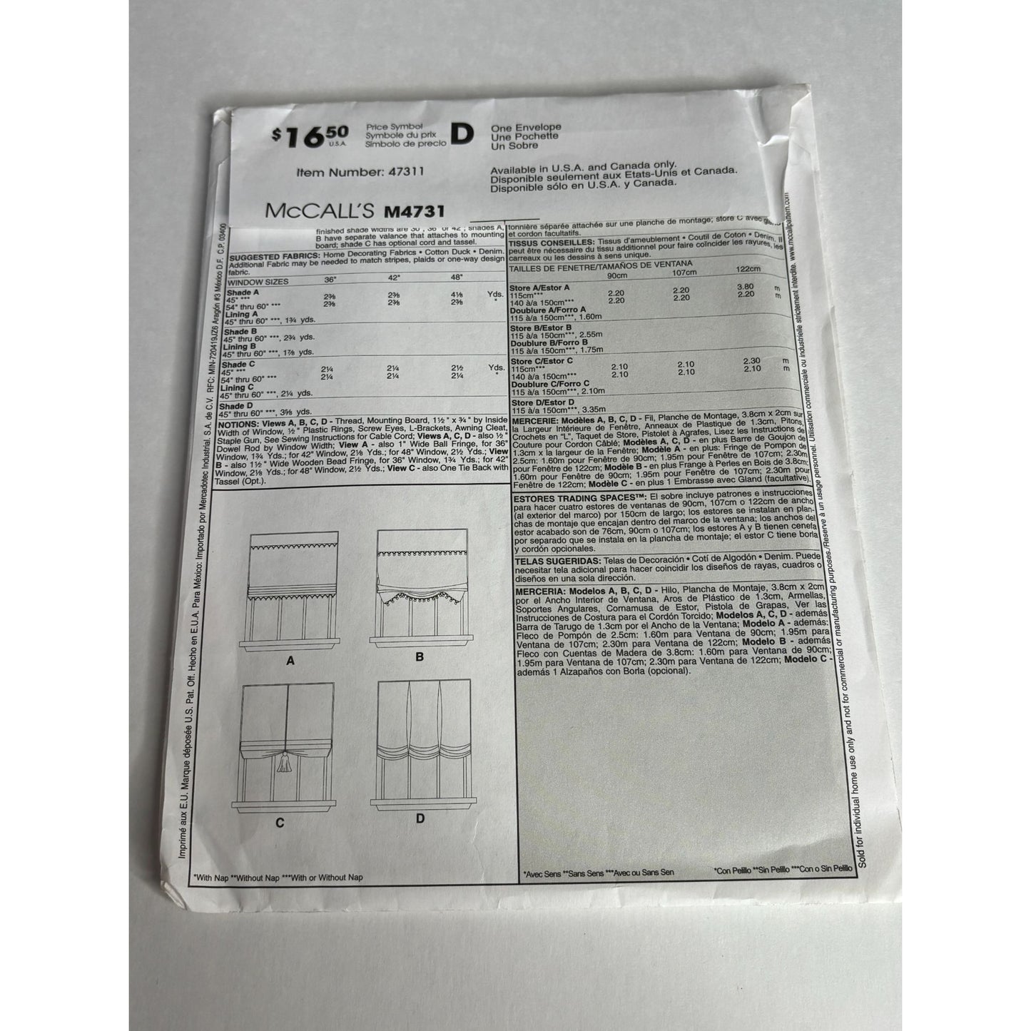 McCalls Sewing Pattern M4731 Trading Spaces Window Shades 36 42 48 inch Uncut