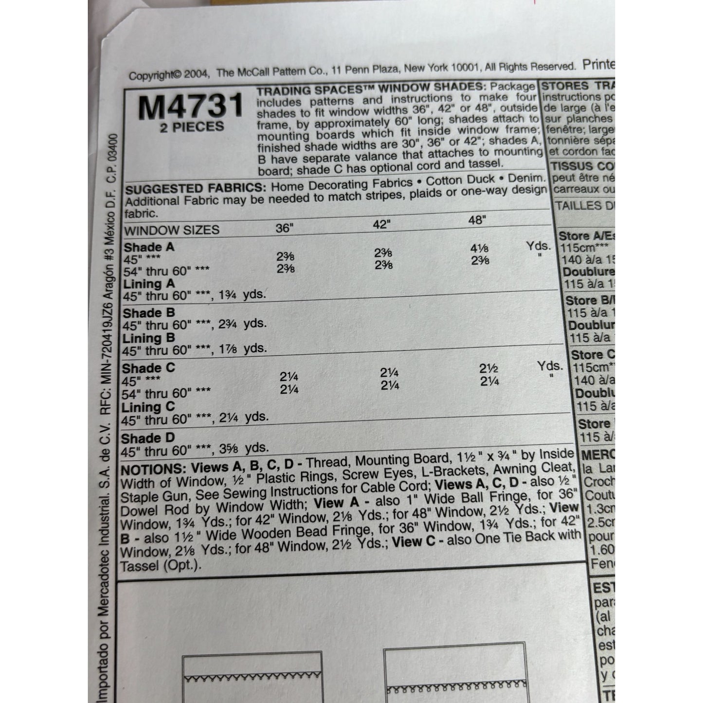 McCalls Sewing Pattern M4731 Trading Spaces Window Shades 36 42 48 inch Uncut