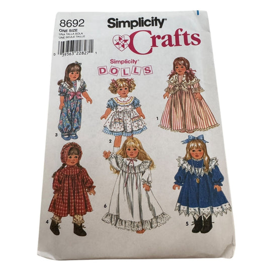 Simplicity Crafts Sewing Pattern 8692 For 18 Inch Doll Clothing Clothes Dress UC