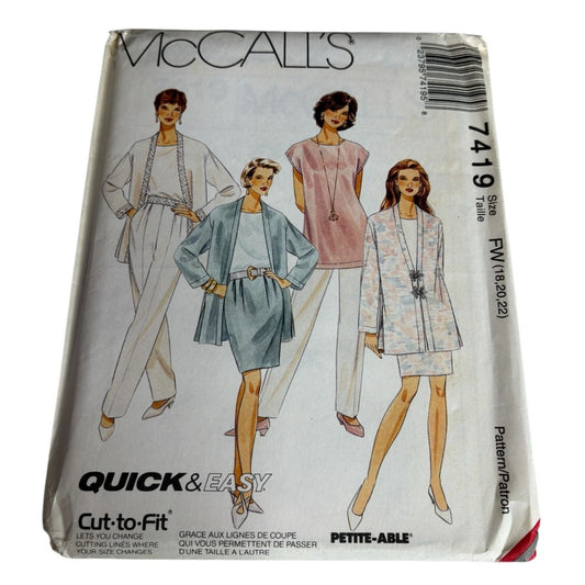 McCalls Sewing Pattern 7419 Cardigan Tunic Top Pants Skirt Wardrobe 18 20 22 UC