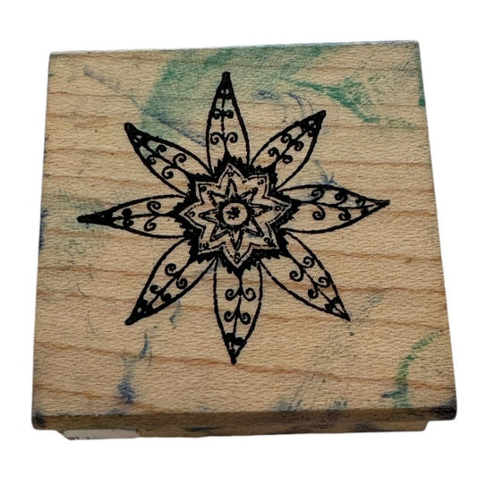 Outlines Rubber Stamp Star Flower Design Feather Kaleidoscope Center 1.25 inch