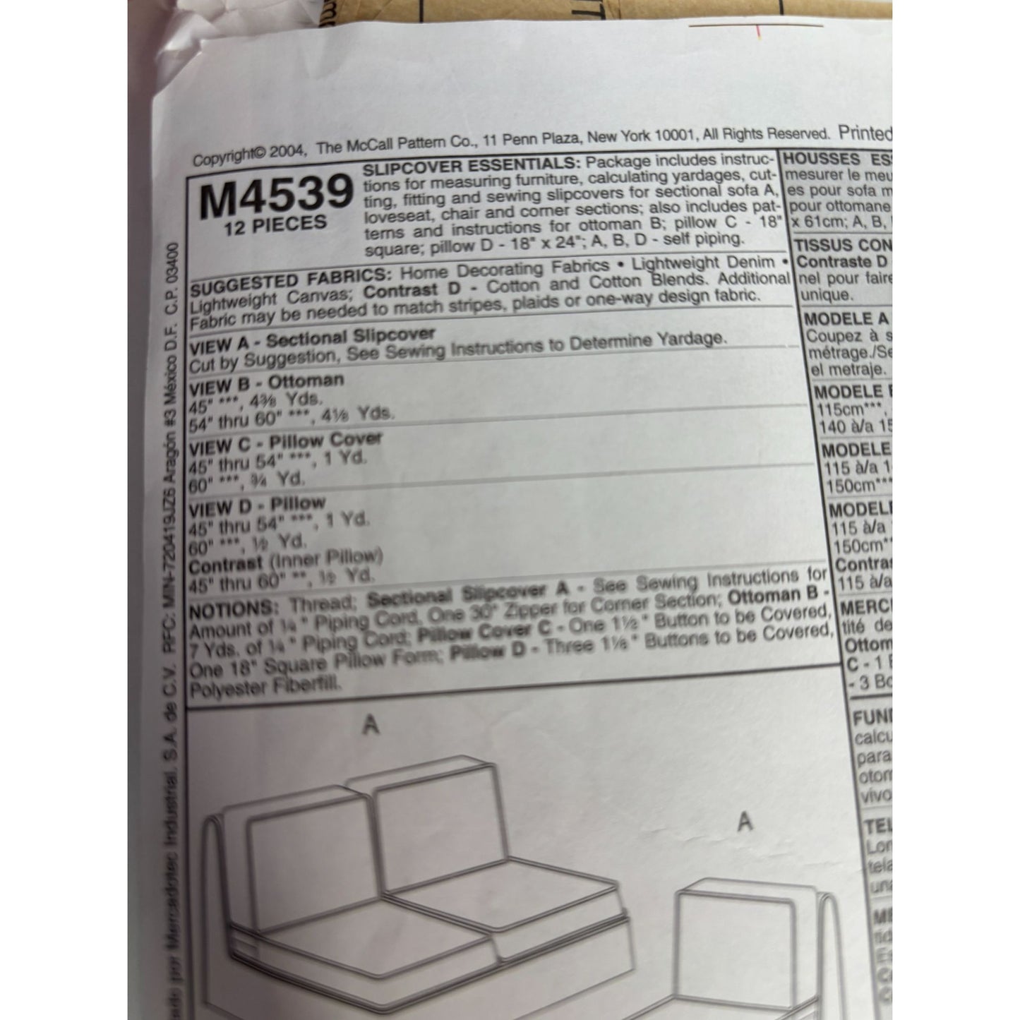 McCalls Sewing Pattern M4539 Slipcover Sectional Sofa Chair Loveseat Ottoman UC