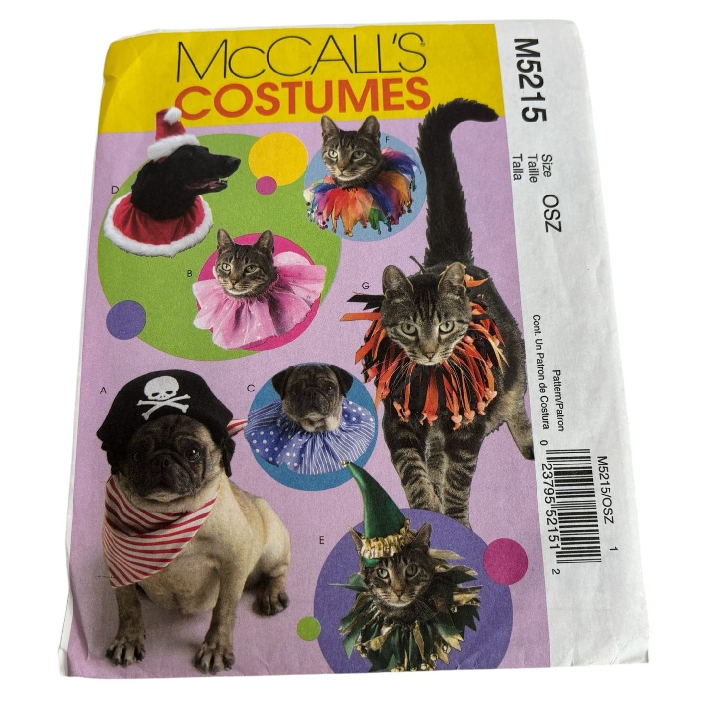 McCalls Sewing Pattern M5215 Pet Halloween Costumes Cat Dog Hats Collars Pirate