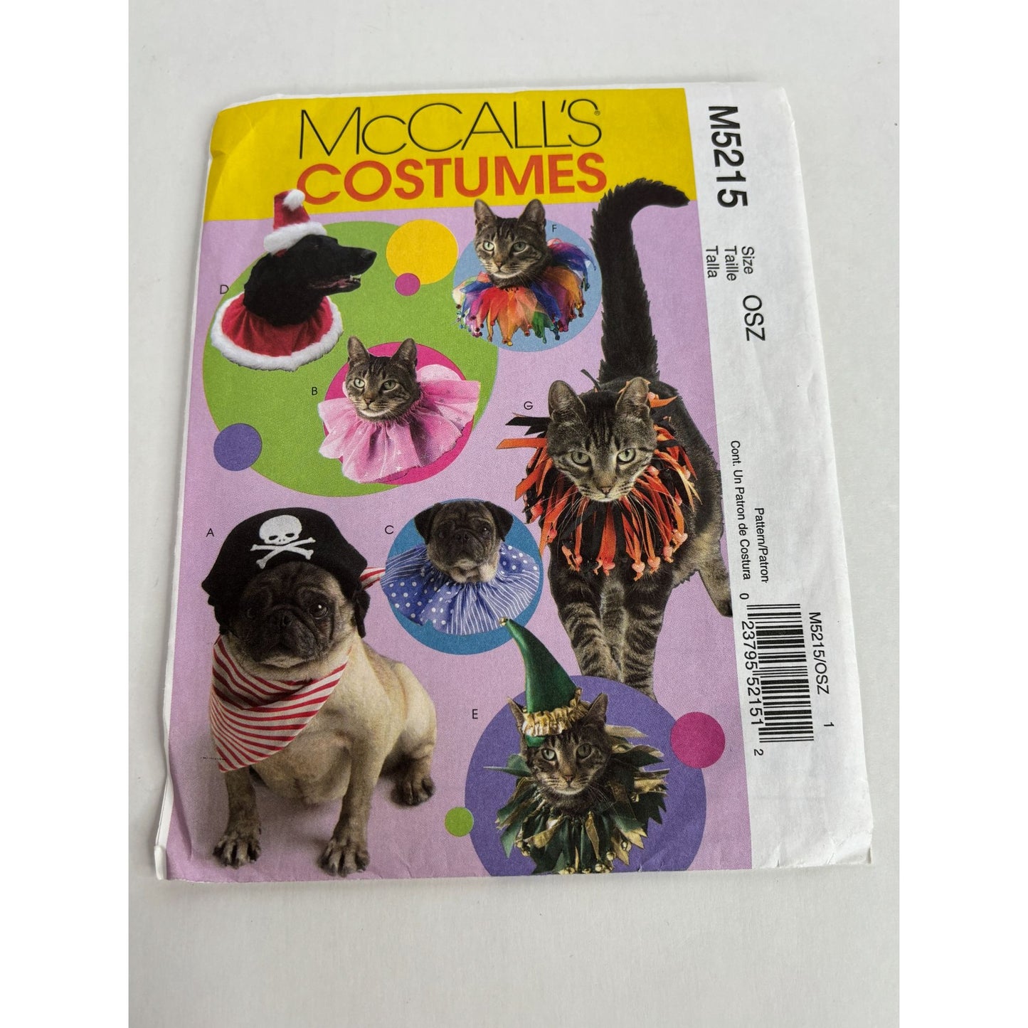 McCalls Sewing Pattern M5215 Pet Halloween Costumes Cat Dog Hats Collars Pirate