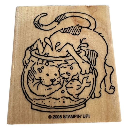 Stampin Up Rubber Stamp Cat in Fishbowl Gold Fish Friendship Card Making Animal