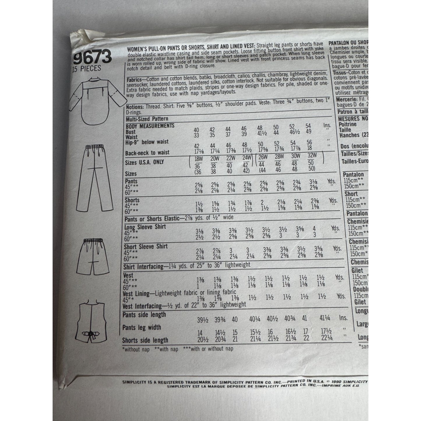 Simplicity Sewing Pattern 9673 Pants Shorts Shirt Vest 26W 32W Loose Fit Uncut