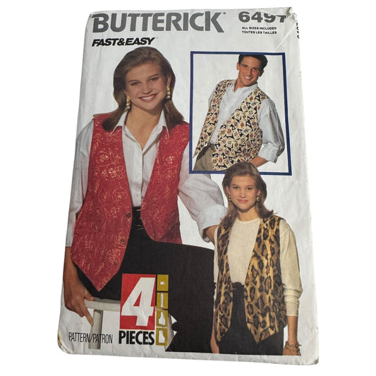 Butterick Sewing Pattern 6497 Unisex Vest All Sizes Loose Fitting Button Front