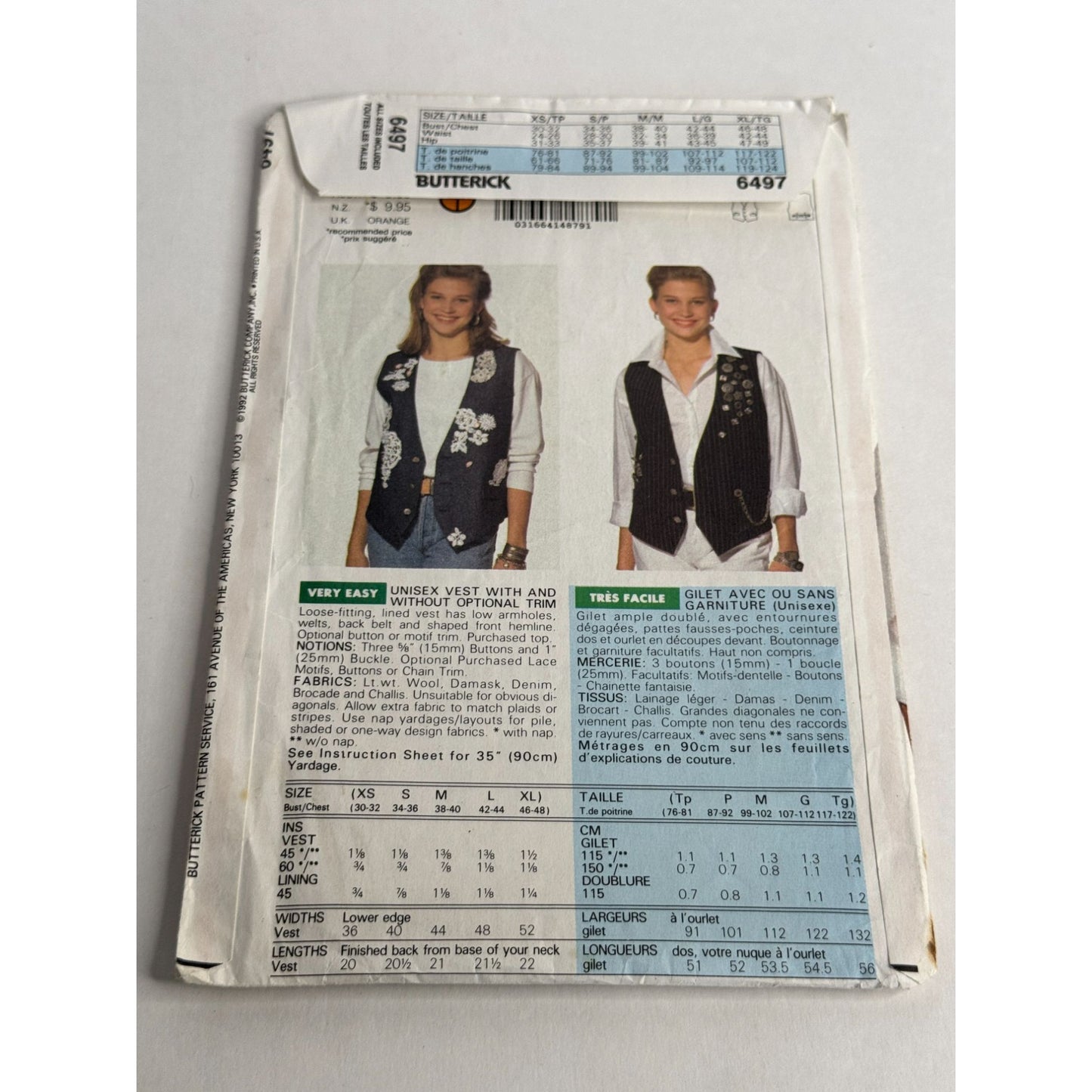 Butterick Sewing Pattern 6497 Unisex Vest All Sizes Loose Fitting Button Front