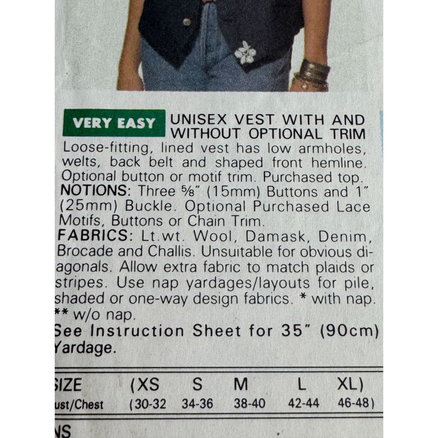 Butterick Sewing Pattern 6497 Unisex Vest All Sizes Loose Fitting Button Front