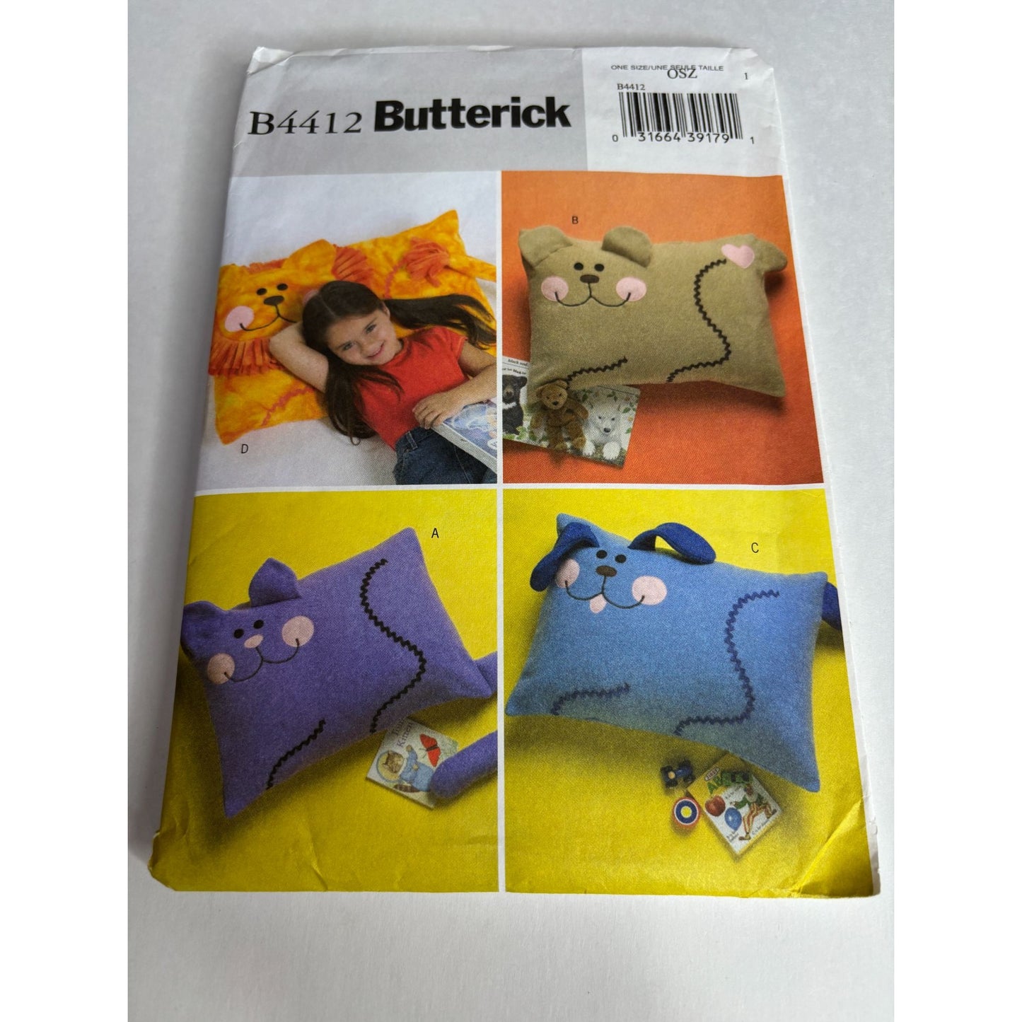 Butterick Sewing Pattern B4412 Fleece Animal Pillow Kids Cat Bear Dog Lion Uncut