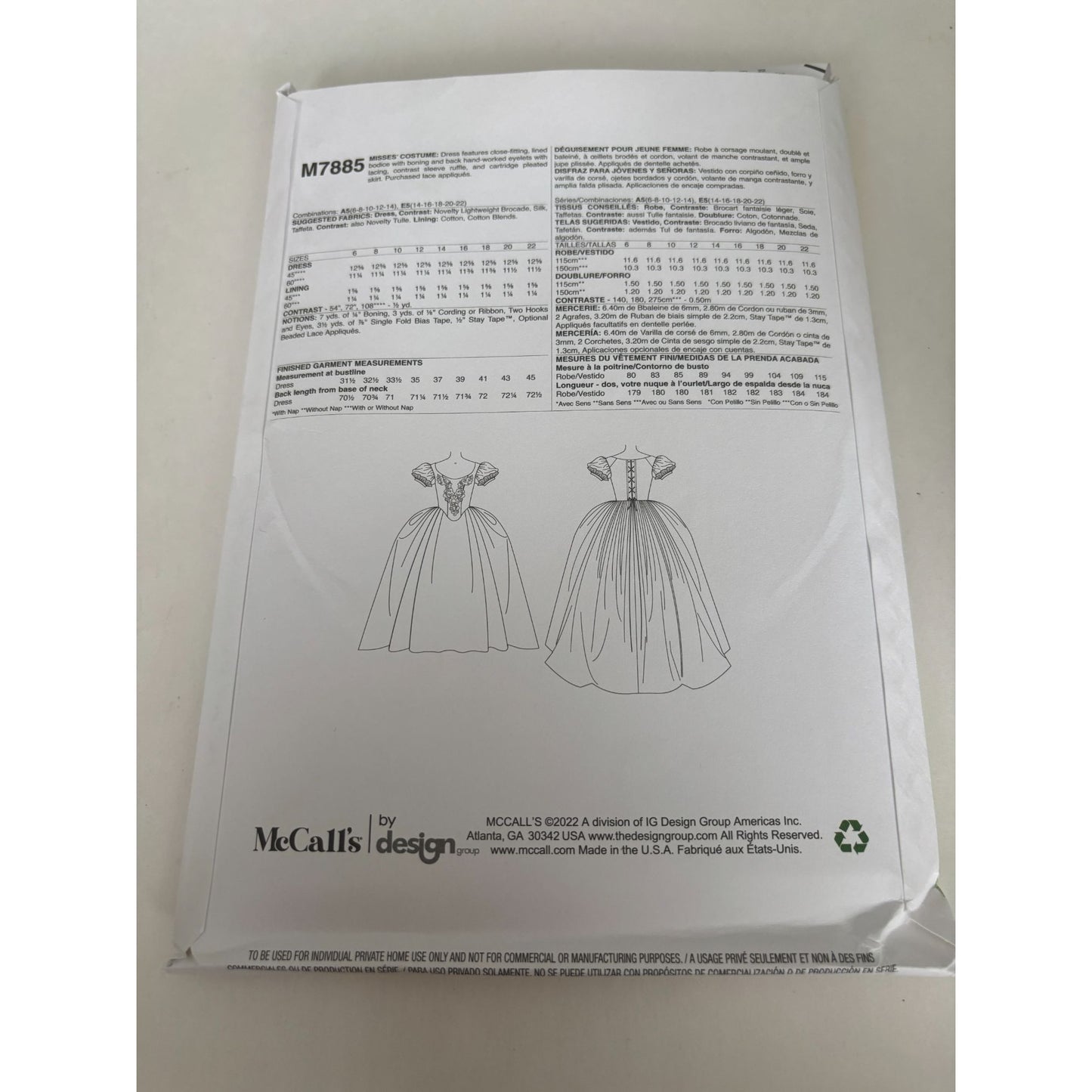 McCalls Sewing Pattern M7885 Princess Costume Dress Ball Gown Boned Bodice 14-22