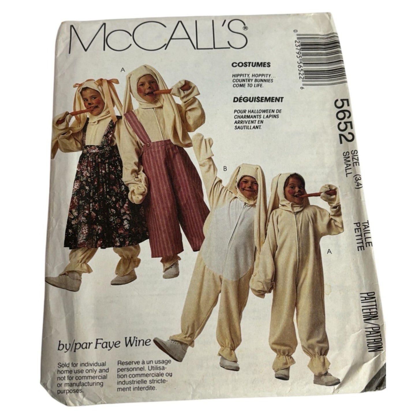 McCalls Sewing Pattern 5652 Bunny Costume Easter Halloween Kids Size 3 4 Uncut