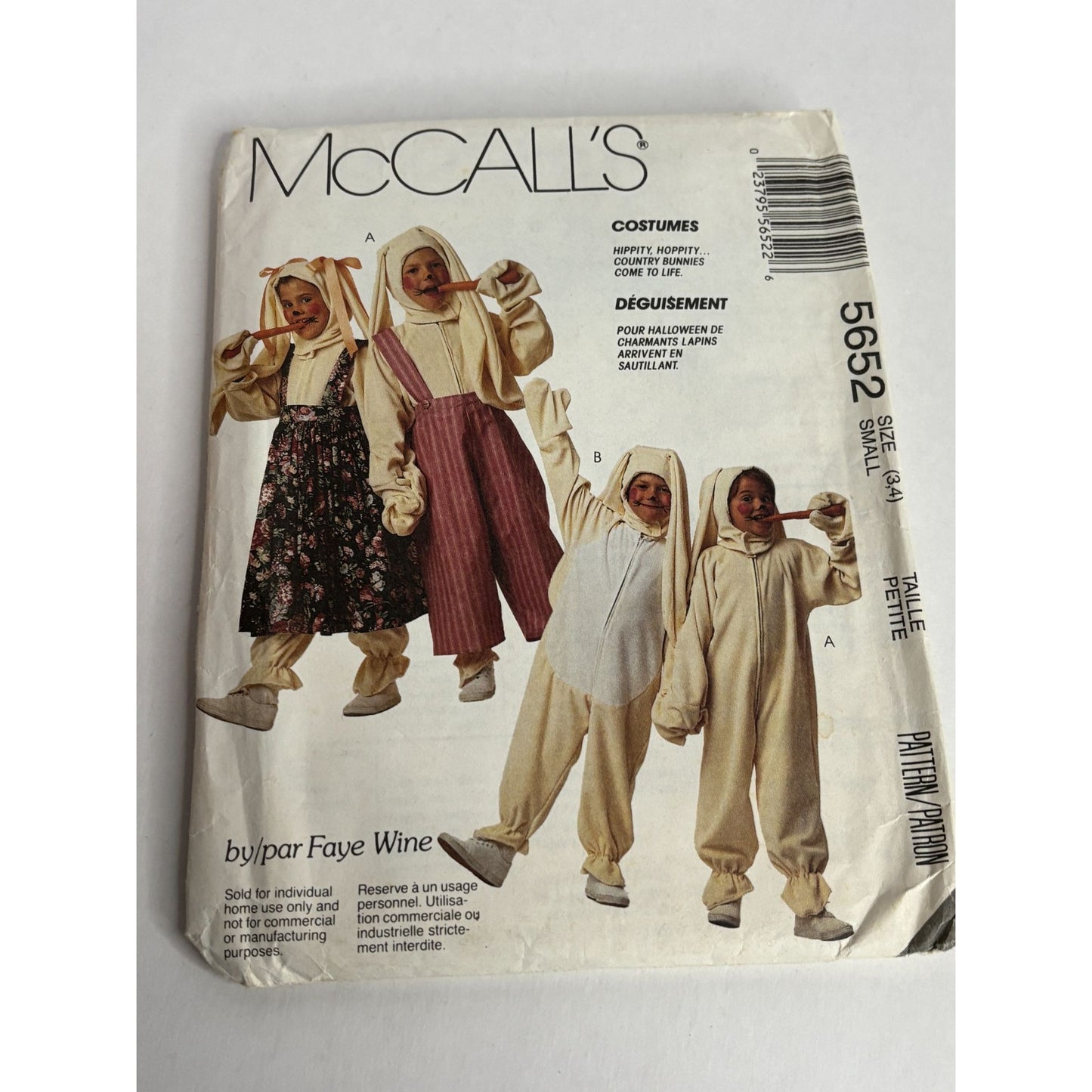 McCalls Sewing Pattern 5652 Bunny Costume Easter Halloween Kids Size 3 4 Uncut