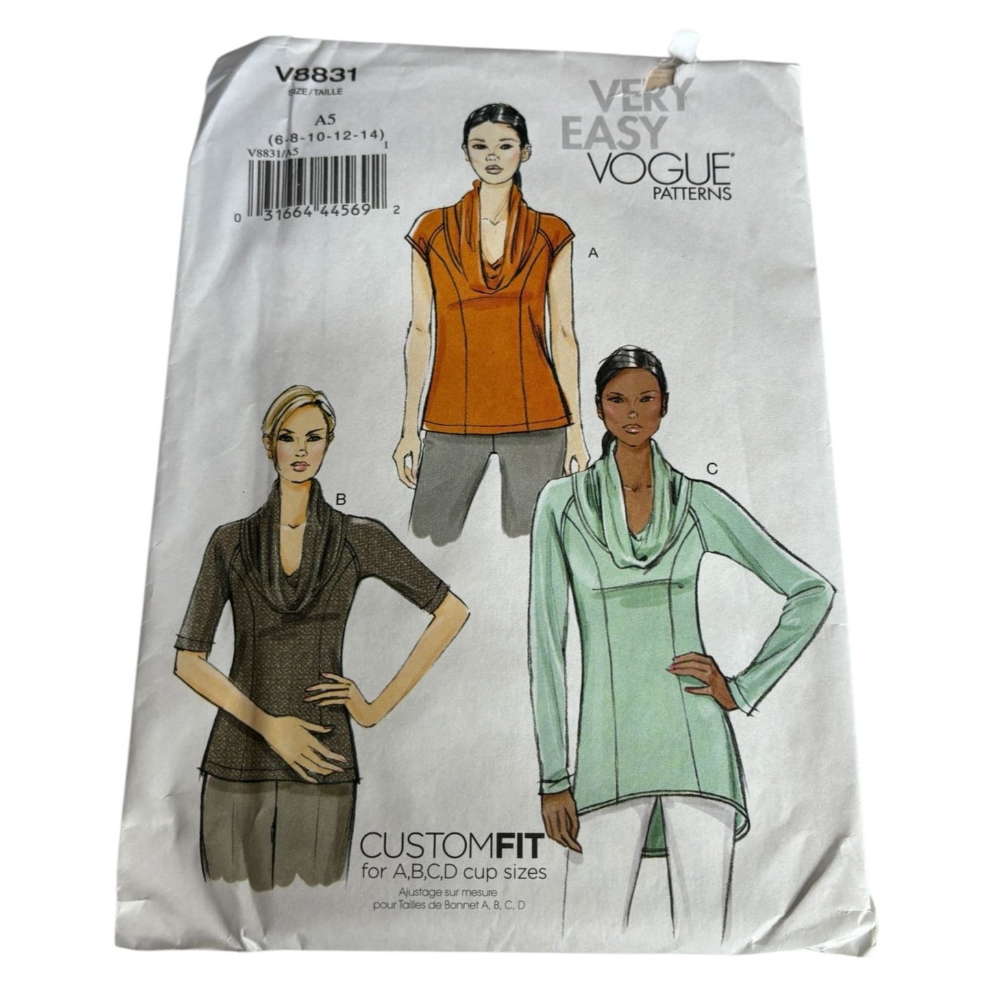 Vogue Sewing Pattern V8831 Misses Top and Tunic Easy Deep Cowl Neck 6-14 UC