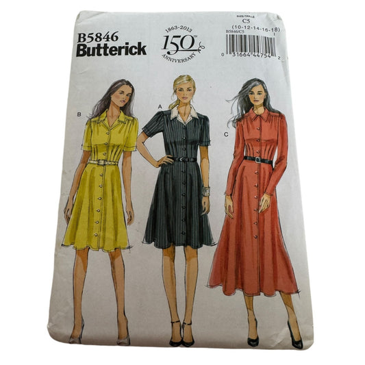 Butterick Sewing Pattern B5846 Fit Flare Dress Modest Collar Pockets 12-18 UC