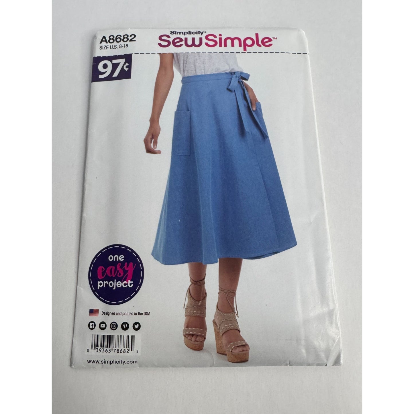 Simplicity Sewing Pattern A8682 A-Line Wrap Skirt Easy Pockets UC Misses Sz 8-18