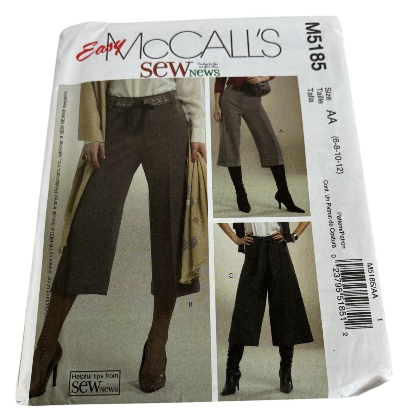 McCalls Sewing Pattern M5185 Misses Culottes Flared Gaucho Pants Work 6 8 10 12