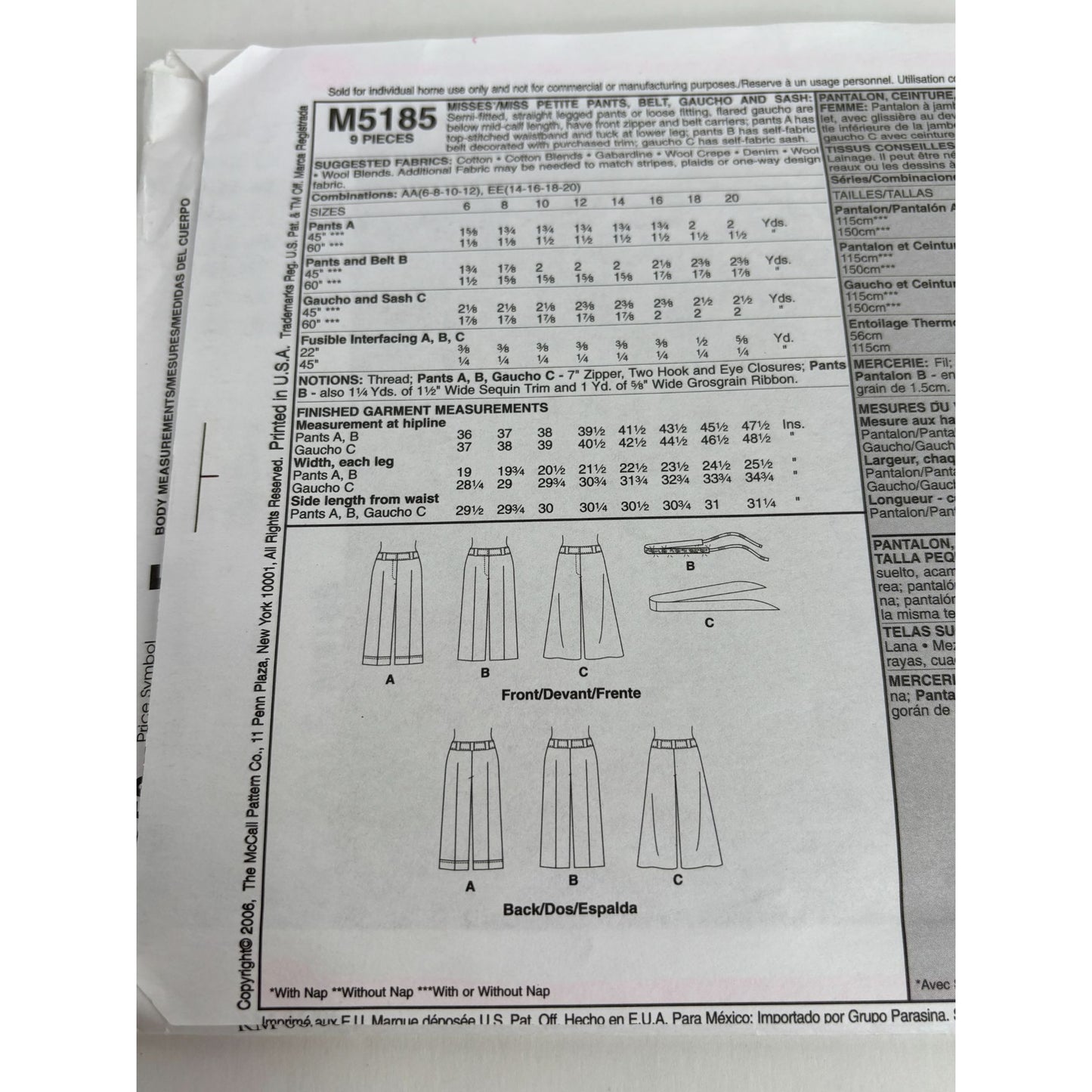 McCalls Sewing Pattern M5185 Misses Culottes Flared Gaucho Pants Work 6 8 10 12