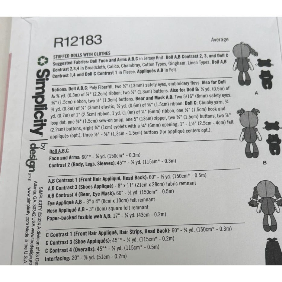 Simplicity Sewing Pattern R12183 Soft Doll and Doll Clothing Toddler Play UC 18"