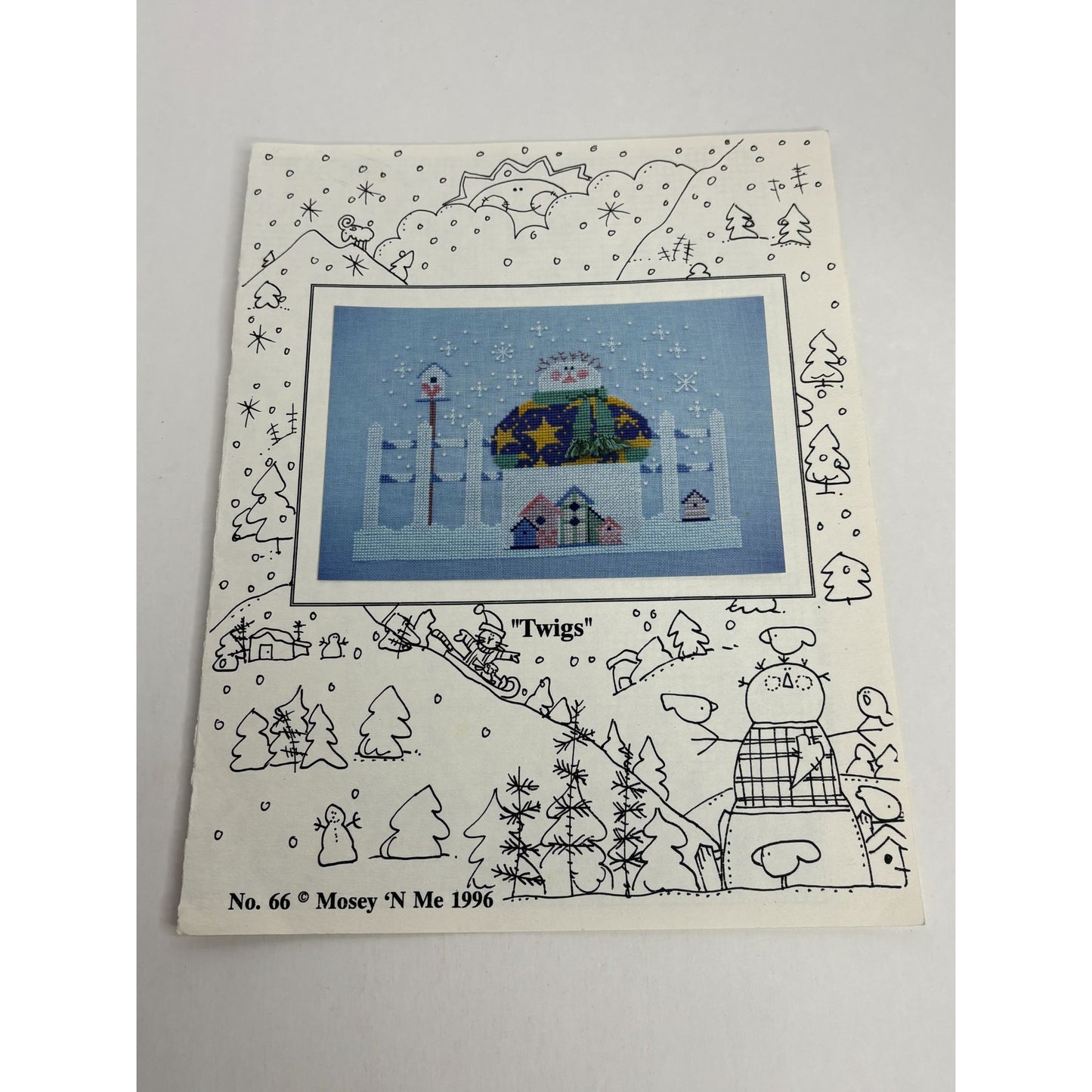 Mosey N Me Cross Stitch Pattern Leaflet Twigs Snowman Birdhouse Christmas Snow