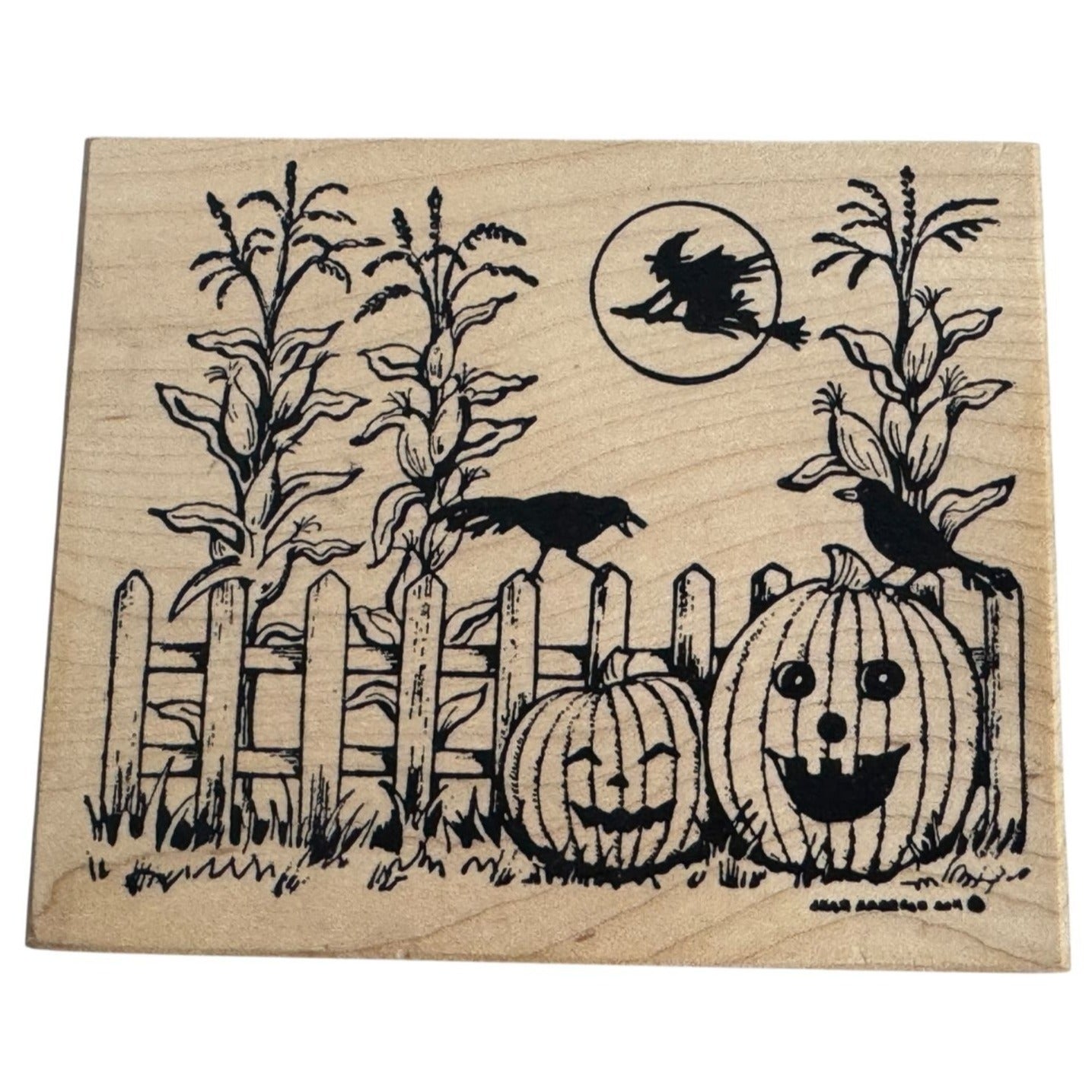 Northwoods Rubber Stamp Halloween Scene Witch Moon Pumpkin Cornfield Crow Fence